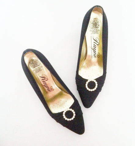 Black satin shoes by Rayne