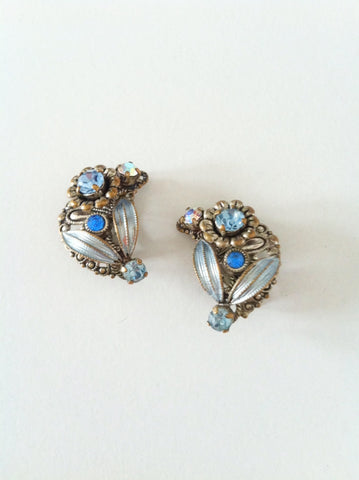 Blue enamel flower earrings - SOLD