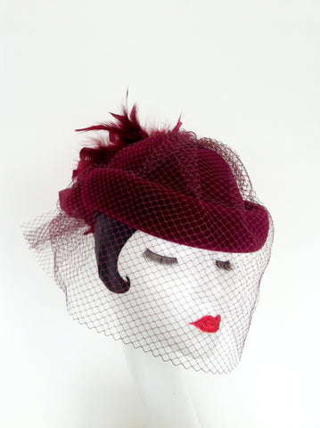 Maroon velvet feathered hat with veiling - Sold