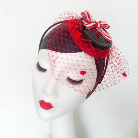 Red and black button and veil headband SOLD
