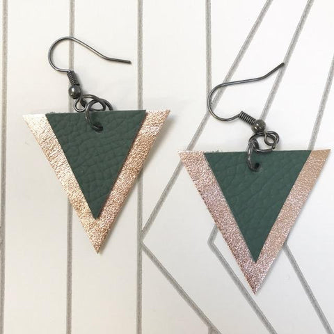 Green and Gold Leather Contemporary, Geometric Earrings