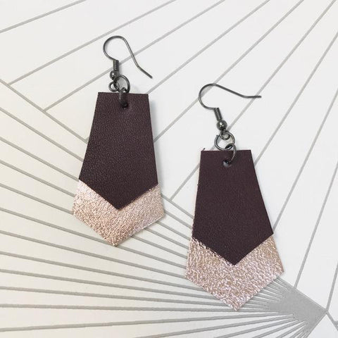Maroon and Gold Hand cut Leather Earrings, Geometric Art Deco Style