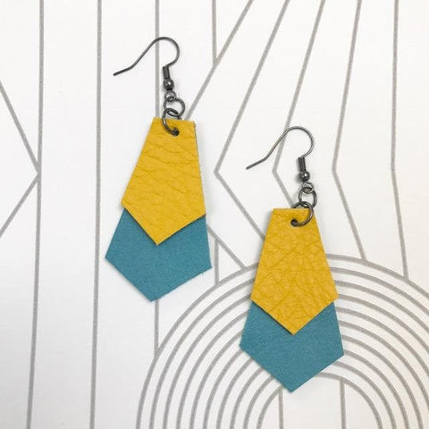 Yellow and Turquoise Leather Drop Earrings