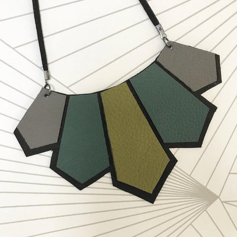 Contemporary, Geometric, Hand Cut Leather Statement Necklace in Green and Grey SOLD OUT