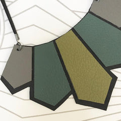 Contemporary, Geometric, Hand Cut Leather Statement Necklace in Green and Grey SOLD OUT