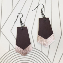 Maroon and Gold Hand cut Leather Earrings, Geometric Art Deco Style