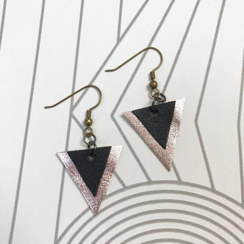Black and Gold Leather Triangle Earrings