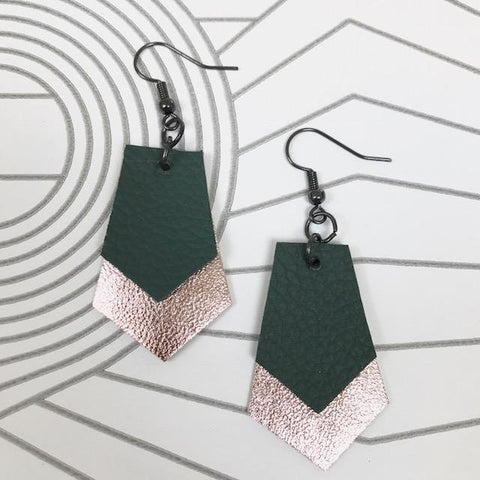 Green and Gold Hand Cut Leather Earrings, Art Deco Style SOLD OUT