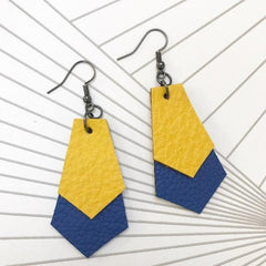 Blue and Yellow Hand Cut Leather Earrings, Art Deco Style