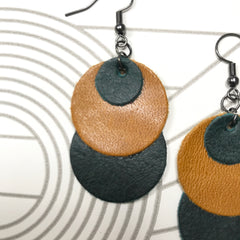 Circle Drop Earrings in Mustard and Green Leather