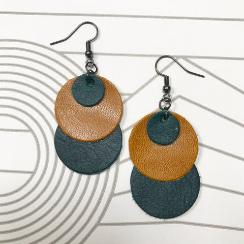 Circle Drop Earrings in Mustard and Green Leather