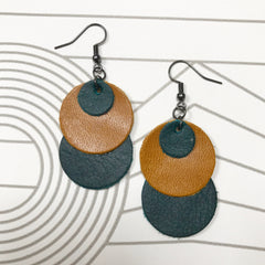 Circle Drop Earrings in Mustard and Green Leather