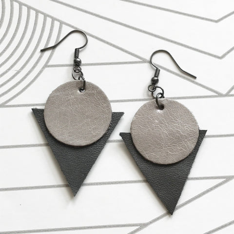 Grey Leather Geometric Earrings