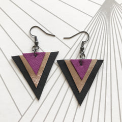 Pink and Black Leather Geometric Earrings
