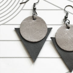 Grey Leather Geometric Earrings