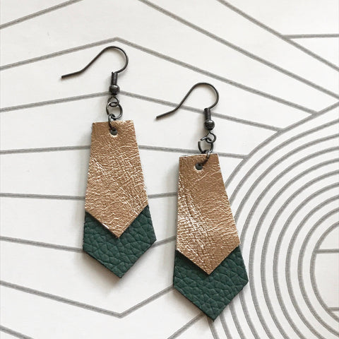 Green and Gold Leather Geometric Earrings