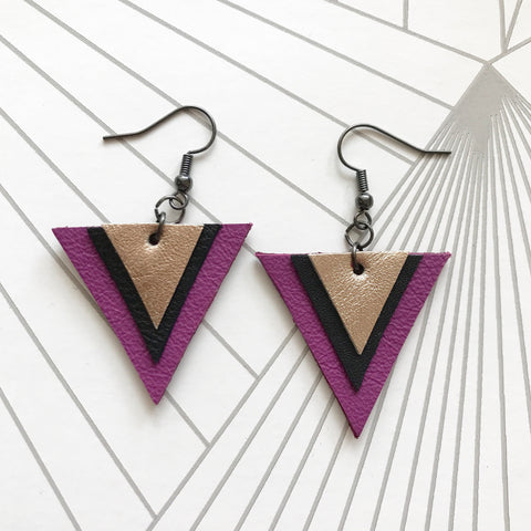 Pink and Black Leather Geometric Earrings