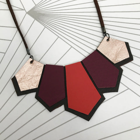 Orange and Gold Art Deco Style Geometric Leather Necklace