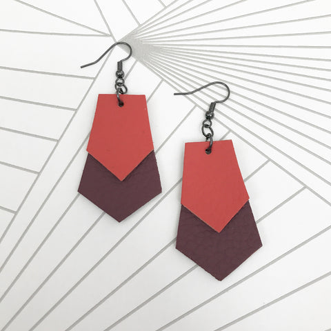 Orange and Maroon Art Deco Style Geometric Leather Drop Earrings