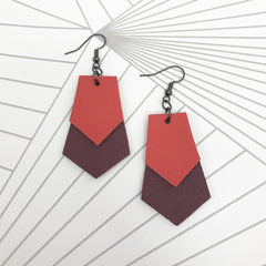 Orange and Maroon Art Deco Style Geometric Leather Drop Earrings