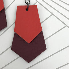 Orange and Maroon Art Deco Style Geometric Leather Drop Earrings