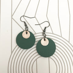 Green and Gold Leather Circle Earrings