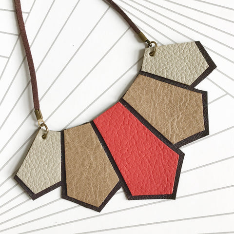 Orange and Brown Leather Geometric Necklace