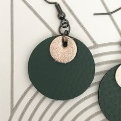 Green and Gold Leather Circle Earrings