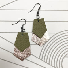 Olive Green and Gold Geometric Leather Earrings