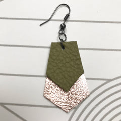 Olive Green and Gold Geometric Leather Earrings