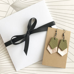 Olive Green and Gold Geometric Leather Earrings
