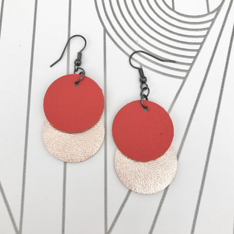 Orange and Gold Leather Circle Earrings   SOLD OUT