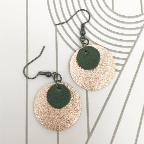 Gold and Green Leather Circle Earrings