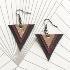 Leather Triangle Earrings Brown Maroon and Gold