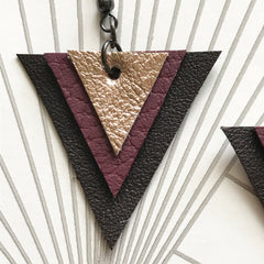 Leather Triangle Earrings Brown Maroon and Gold
