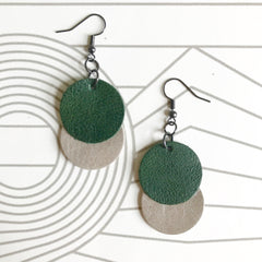 Green and Grey Leather Circle Earrings