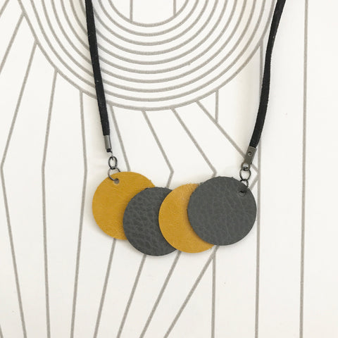 Geometric Grey and Mustard Leather Circle Necklace   SOLD OUT