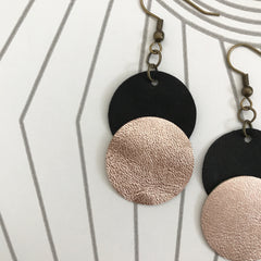 Black and Gold Circle Leather Earrings