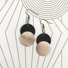 Black and Gold Circle Leather Earrings