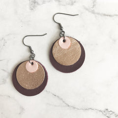 Contemporary circle drop earrings in maroon, rose gold and pink