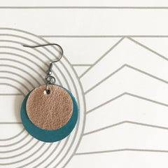 Teal and Gold leather Disc Earrings