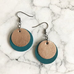 Teal and Gold leather Disc Earrings