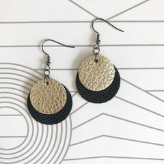Black and Gold Textured Leather Disc Earrings