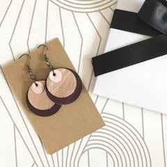 Contemporary circle drop earrings in maroon, rose gold and pink