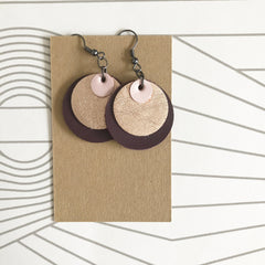 Contemporary circle drop earrings in maroon, rose gold and pink