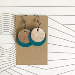 Teal and Gold leather Disc Earrings