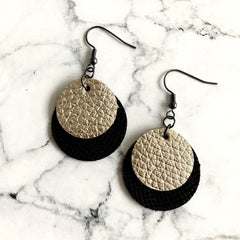 Black and Gold Textured Leather Disc Earrings