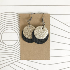 Black and Gold Textured Leather Disc Earrings