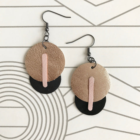 Black Gold and Blush Leather Circle Earrings   SOLD OUT