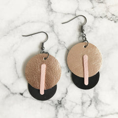 Black Gold and Blush Leather Circle Earrings   SOLD OUT